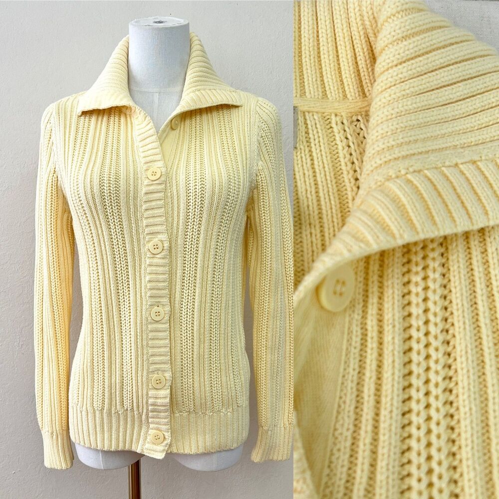 Vintage Y2K L.L. Bean Butter-Yellow 100% Pima Cotton Chunky Ribbed Cardigan Sz S